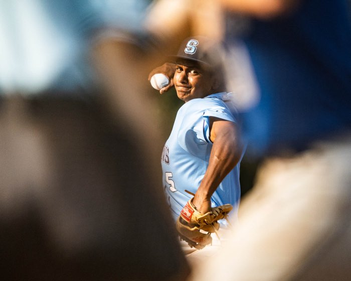 MISSISSAUGA, ON, Sep. 21, 2024: Caymo Ghannie of the Sheridan Bruins pitches during an Ontario Colleges Athletic Association baseball game against the St. Clair Saints.