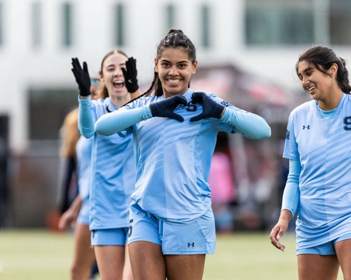 TORONTO, ON, Oct. 26, 2024: Jessica Jagdeo of the Sheridan Bruins celebrates a goal scored during an Ontario Colleges Athletic Association soccer game against the Redeemer Royals.