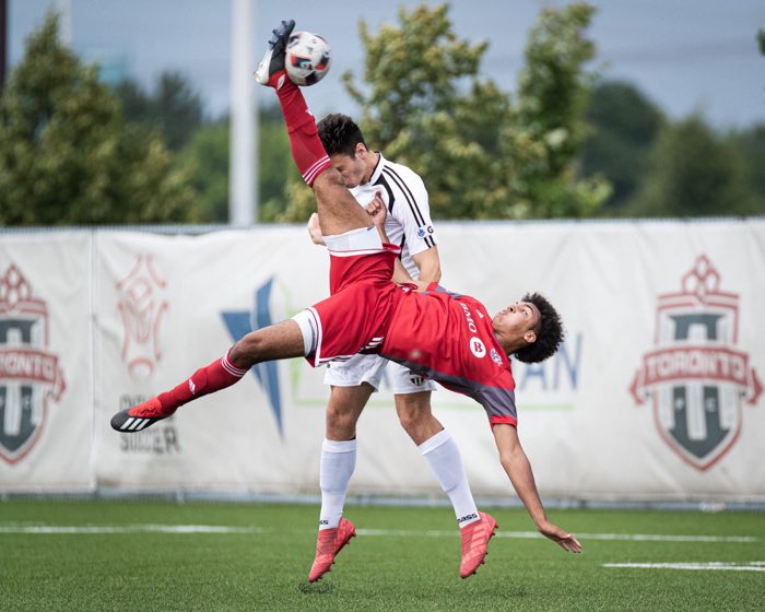 TORONTO, ON, Dec. 10, 2019: TORONTO, ON - Jul. 13, 2019: Tyrone Mulder of Windsor TFC scores a bicycle kick goal against Ottawa South United in League1 Ontario action.