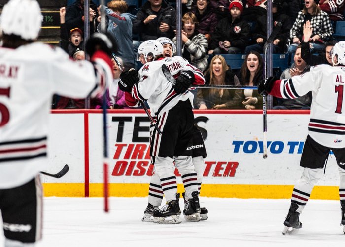 GUELPH, ON, Dec. 9, 2022: Jett Luchanko celebrates a game-winning goal scored against the Owen Sound Attack at the Sleeman Centre.