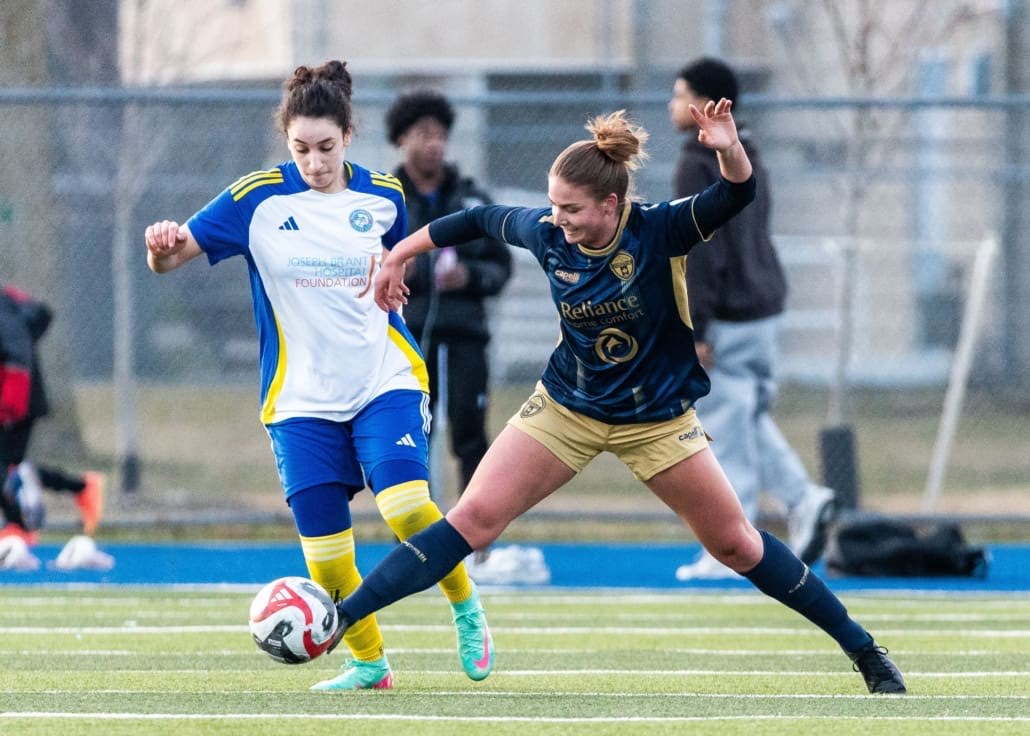 League1 Ontario soccer action between Burlington SC and Oakville SC on April 12, 2025 at Bronte Athletic Park in Oakville