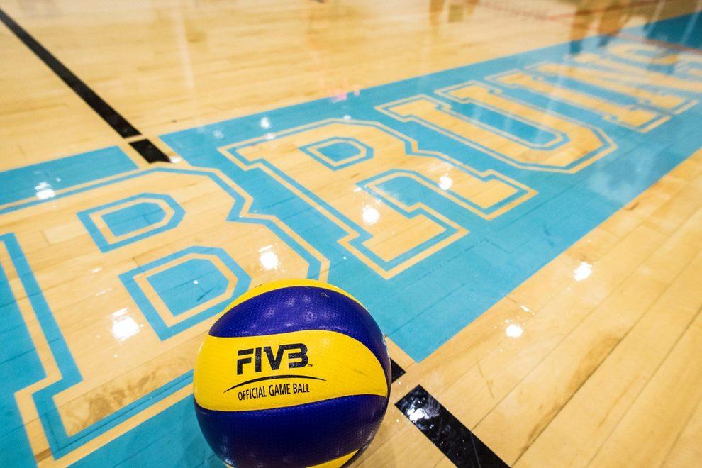 OAKVILLE, ON - Oct. 29, 2016: A volleyball sits on the court near the Sheridan Bruins' logo.