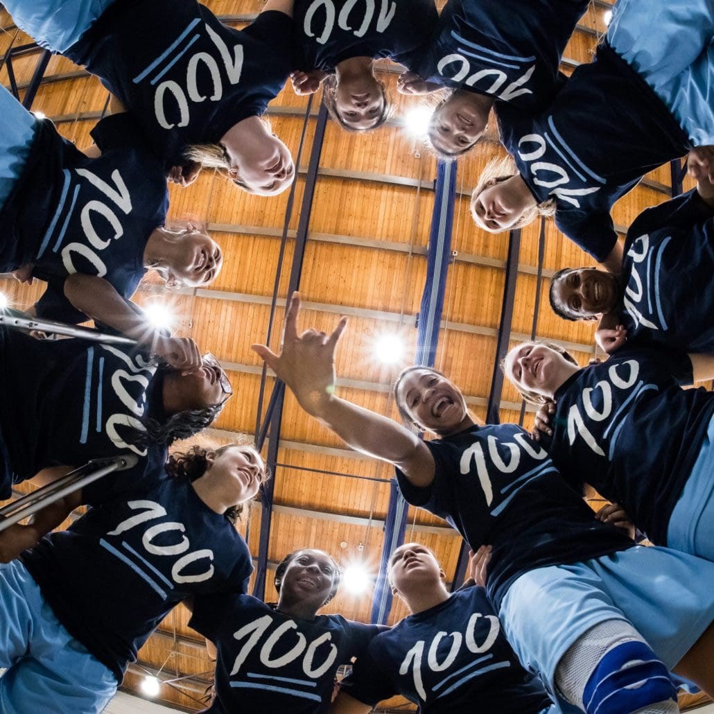BRAMPTON, ON - Feb. 4, 2017: The Sheridan Bruins huddle before a game against the Humber Hawks.