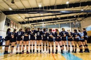 OAKVILLE, ON - Oct. 29, 2016: The Sheridan Bruins line up prior to a game against Fanshawe College.