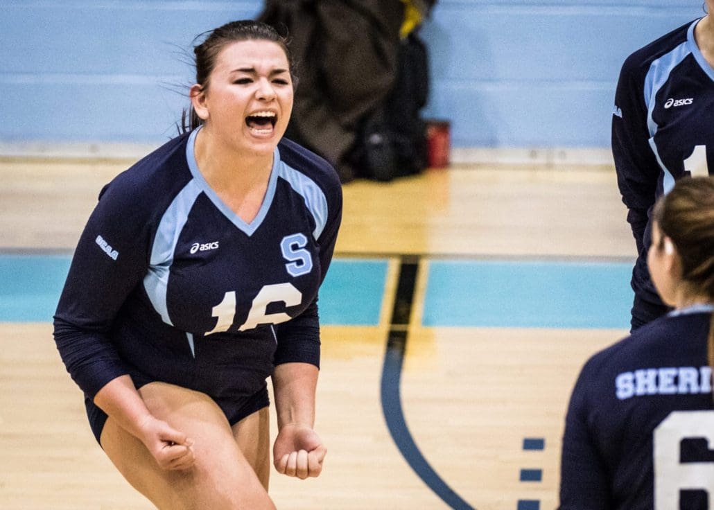 OAKVILLE, ON - Oct. 29, 2016: Tara Aune of the Sheridan Bruins celebrates after a set win against Fanshawe College.