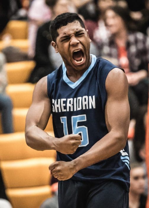HAMILTON, ON – FEB. 23, 2017: Shaun Lasala of the Sheridan Bruins celebrates after a kill against the Mohawk Mountaineers. HAMILTON, ON – FEB. 23, 2017: Shaun Lasala of the Sheridan Bruins celebrates after a kill against the Mohawk Mountaineers.