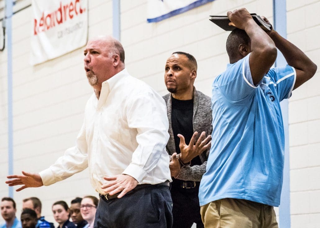 BRAMPTON, ON - Jan. 11, 2017: The Sheridan Bruins coaching staff react to a late-game refereeing decision against Fanshawe College in OCAA action.