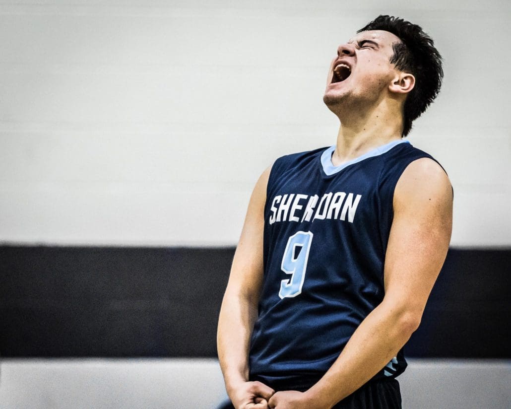 OAKVILLE, ON – Jan. 14, 2017: Justin Kong of the Sheridan Bruins reacts after a set win against the Humber Hawks.