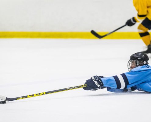 BURLINGTON, ON - Jan. 27, 2017: A Penguins player stretches to pass the puck while on the ice.