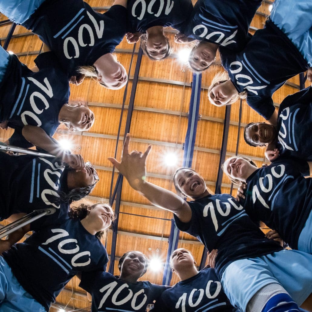 BRAMPTON, ON - Feb. 4, 2017: The Sheridan Bruins huddle prior to a game against the Humber Hawks.