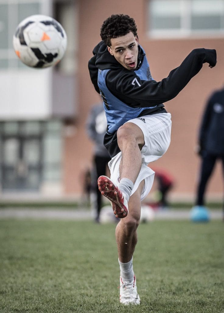 MISSISSAUGA, ON - Apr. 18, 2017: Scrimmage action at a ProStars FC training session.