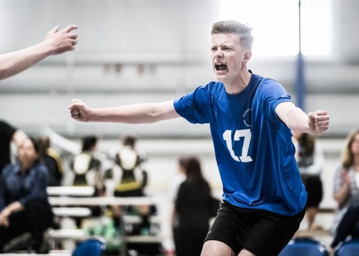 WATERLOO, ON – MAY 7, 2017: Players from the Barrie Elites Volleyball Club celebrate a kill at the U15 East Nationals. WATERLOO, ON - MAY 7, 2017: Players from the Barrie Elites Volleyball Club celebrate a kill at the U15 East Nationals.