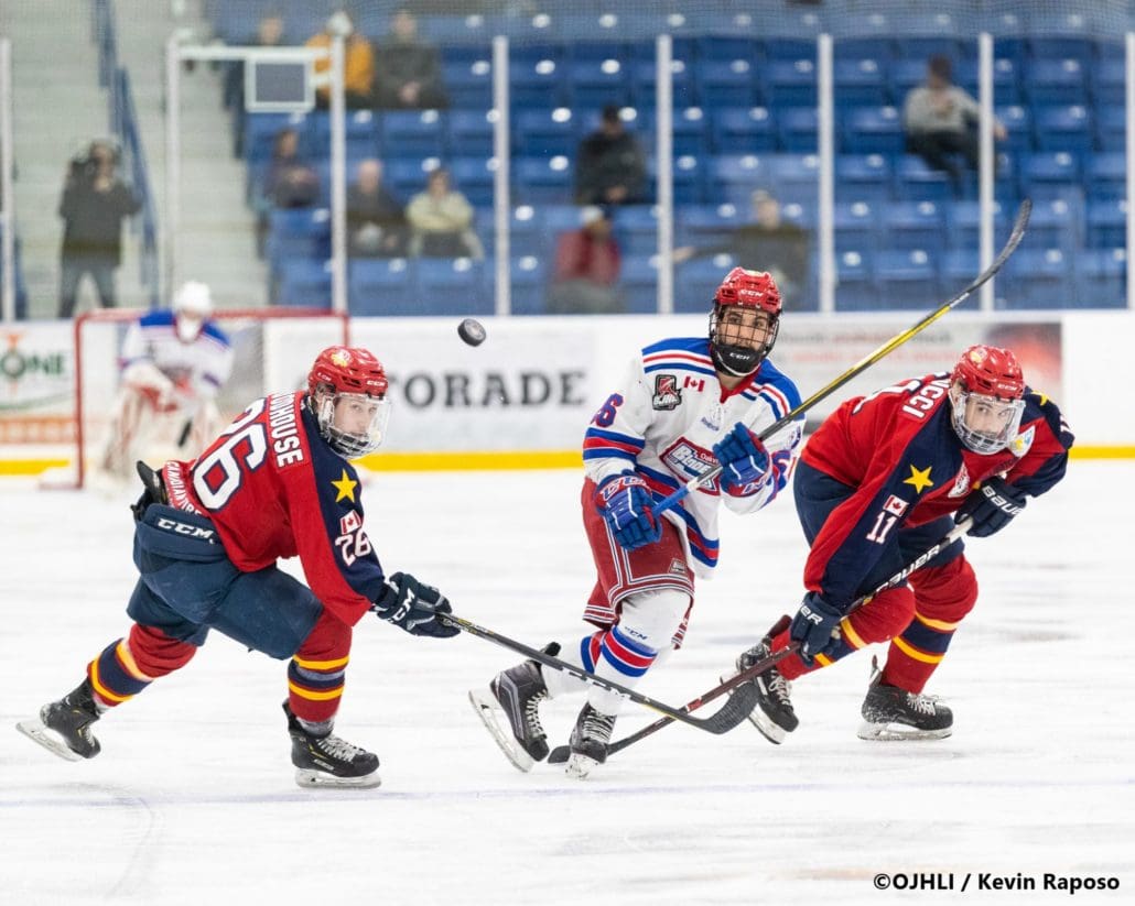 Sports Photography – OJHL (Ontario Junior Hockey League) Buckland Cup, Game #3, Men’s Hockey, Marham Royals vs. Oakville Blades in Oakville, Ontario, Canada at Sixteen Mile Sports Complex