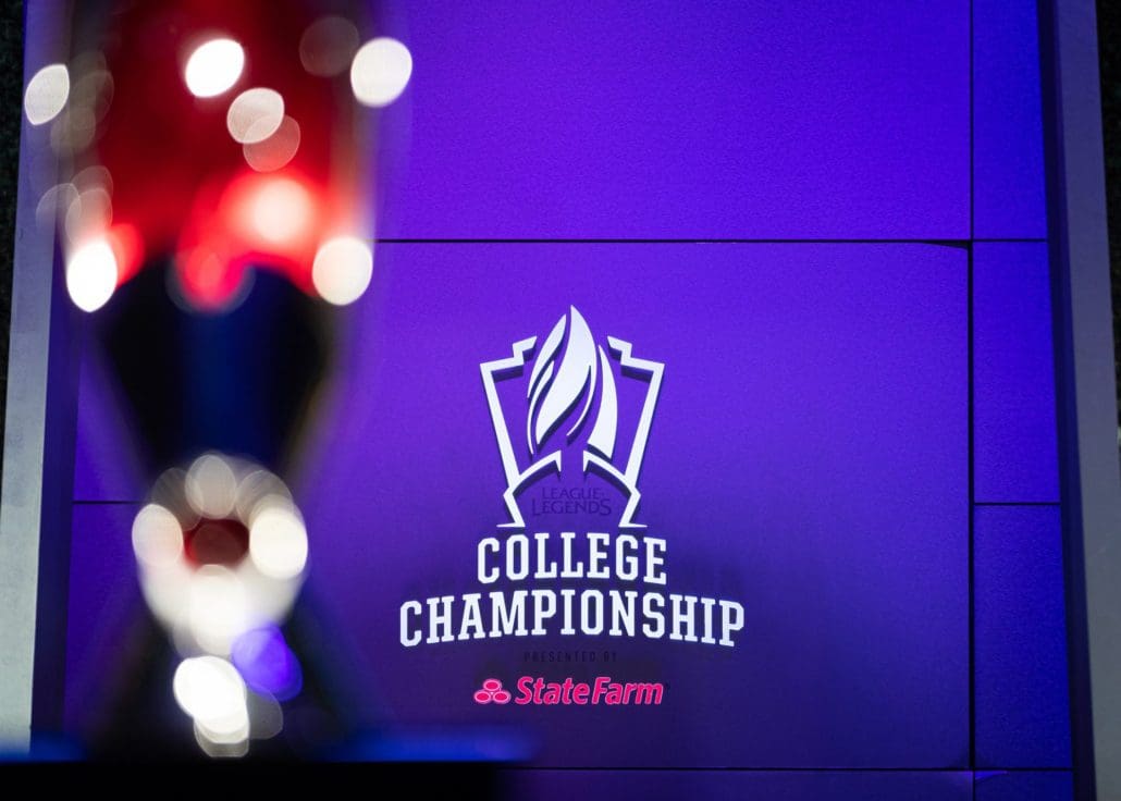 LOS ANGELES - MAY 24, 2019: The trophy sits centre stage during a semi-final match at the 2019 College League of Legends Championship.