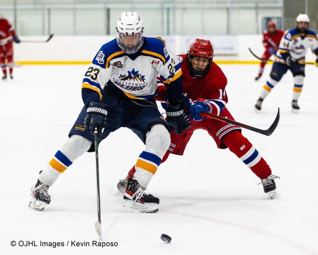 Sports Photography – Ontario Junior Hockey League, Regular Season, Men's Hockey, Collingwood Blues and Oakville Blades in Oakville, Ontario, Canada at Sixteen Mile Sports Complex