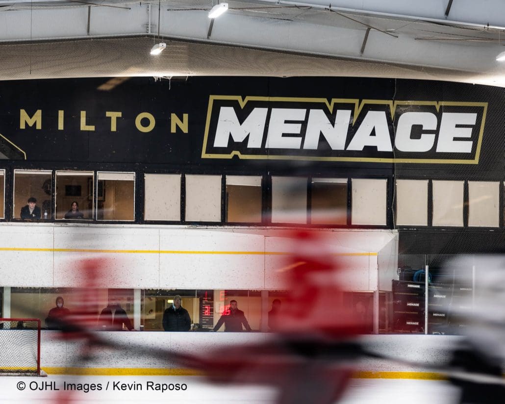 Sports Photography – Ontario Junior Hockey League, Regular Season, Men's Hockey, Brantford 99ers Blues and Milton Menace in Milton, Ontario, Canada at Milton Memorial Arena