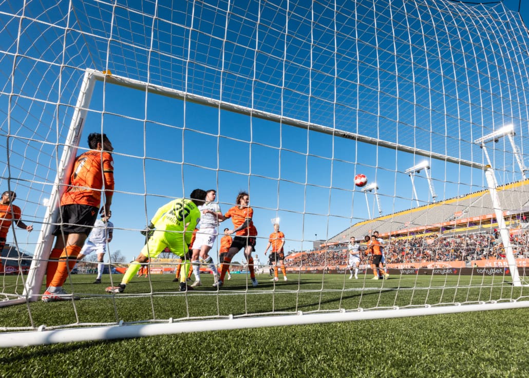 HAMILTON, ON - Apr 13, 2024: Canadian Premier League soccer game between Forge FC and Cavalry FC, Sergio Camargo (#10) Midfielder for Cavalry FC scores a goal during the second half. (Photo by Kevin Raposo / kevinraposo.com)