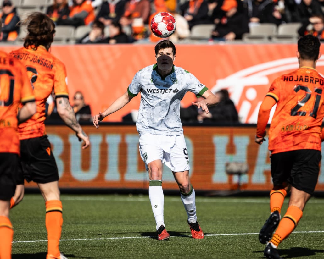 HAMILTON, ON - Apr 13, 2024: Canadian Premier League soccer game between Forge FC and Cavalry FC, Malcolm Shaw (#9) Attacker for Cavalry FC controls the ball during the second half. (Photo by Kevin Raposo / kevinraposo.com)