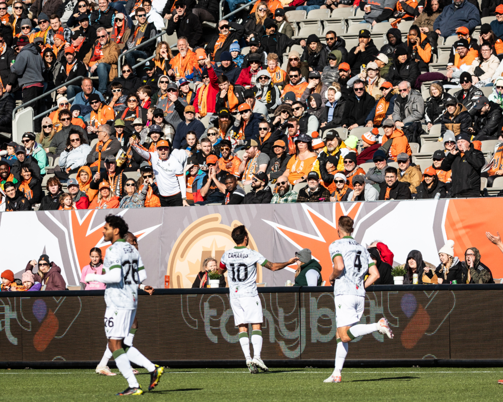 HAMILTON, ON - Apr 13, 2024: Canadian Premier League soccer game between Forge FC and Cavalry FC, Sergio Camargo (#10) Midfielder for Cavalry FC celebrates the goal during the second half. (Photo by Kevin Raposo / kevinraposo.com)