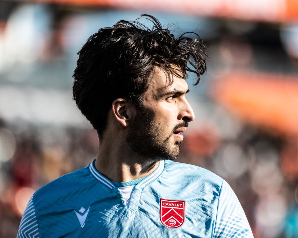 HAMILTON, ON - Apr 13, 2024: Canadian Premier League soccer game between Forge FC and Cavalry FC, Marco Carducci (#1) Goalkeeper for Cavalry FC follows the play during the second half. (Photo by Kevin Raposo / kevinraposo.com)