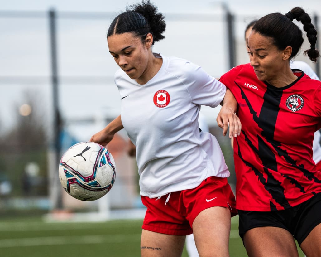 League1 Ontario action between NDC Ontario and North Mississauga SC on May 4, 2024 at Churchill Meadows in Mississauga