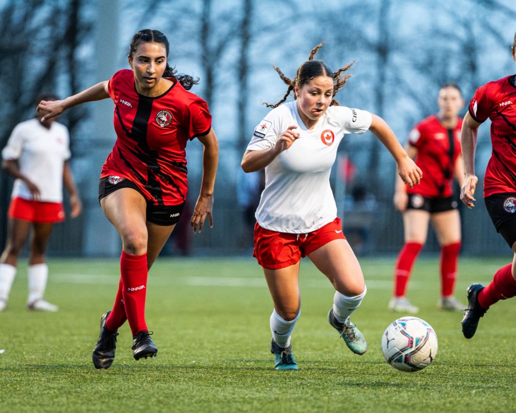 League1 Ontario action between NDC Ontario and North Mississauga SC on May 4, 2024 at Churchill Meadows in Mississauga