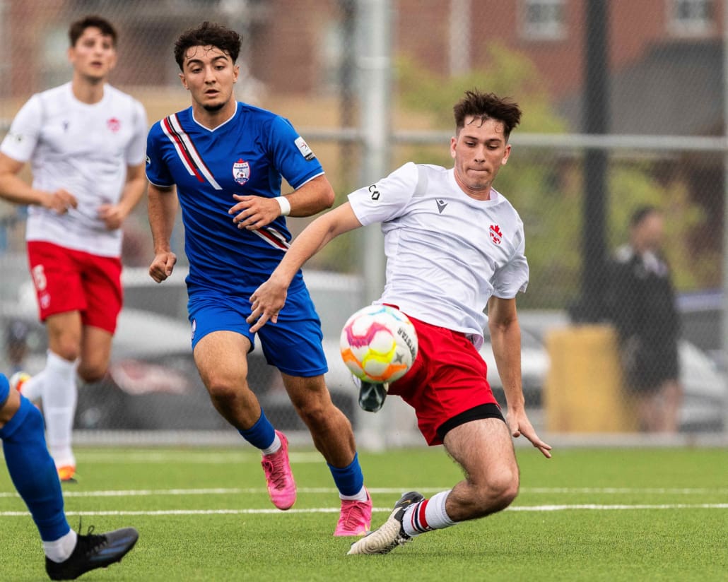 League1 Ontario soccer action between Vaughan Azzurri and Woodbridge Strikers on May 26, 2024 at Vaughan Grove Sports Park in Vaughan