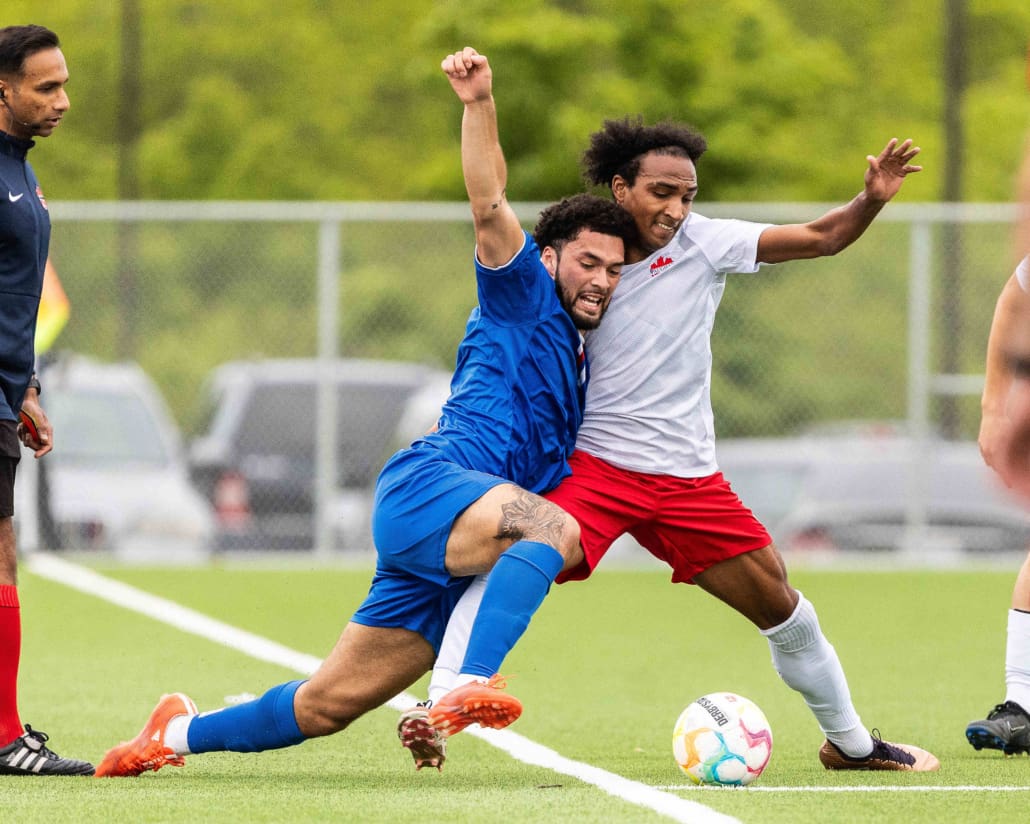 League1 Ontario soccer action between Vaughan Azzurri and Woodbridge Strikers on May 26, 2024 at Vaughan Grove Sports Park in Vaughan