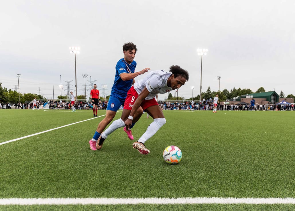 League1 Ontario soccer action between Vaughan Azzurri and Woodbridge Strikers on May 26, 2024 at Vaughan Grove Sports Park in Vaughan