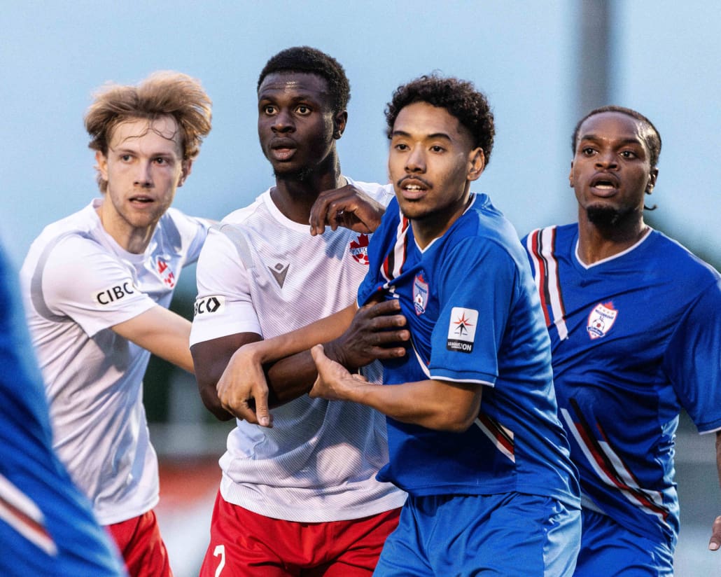 League1 Ontario soccer action between Vaughan Azzurri and Woodbridge Strikers on May 26, 2024 at Vaughan Grove Sports Park in Vaughan