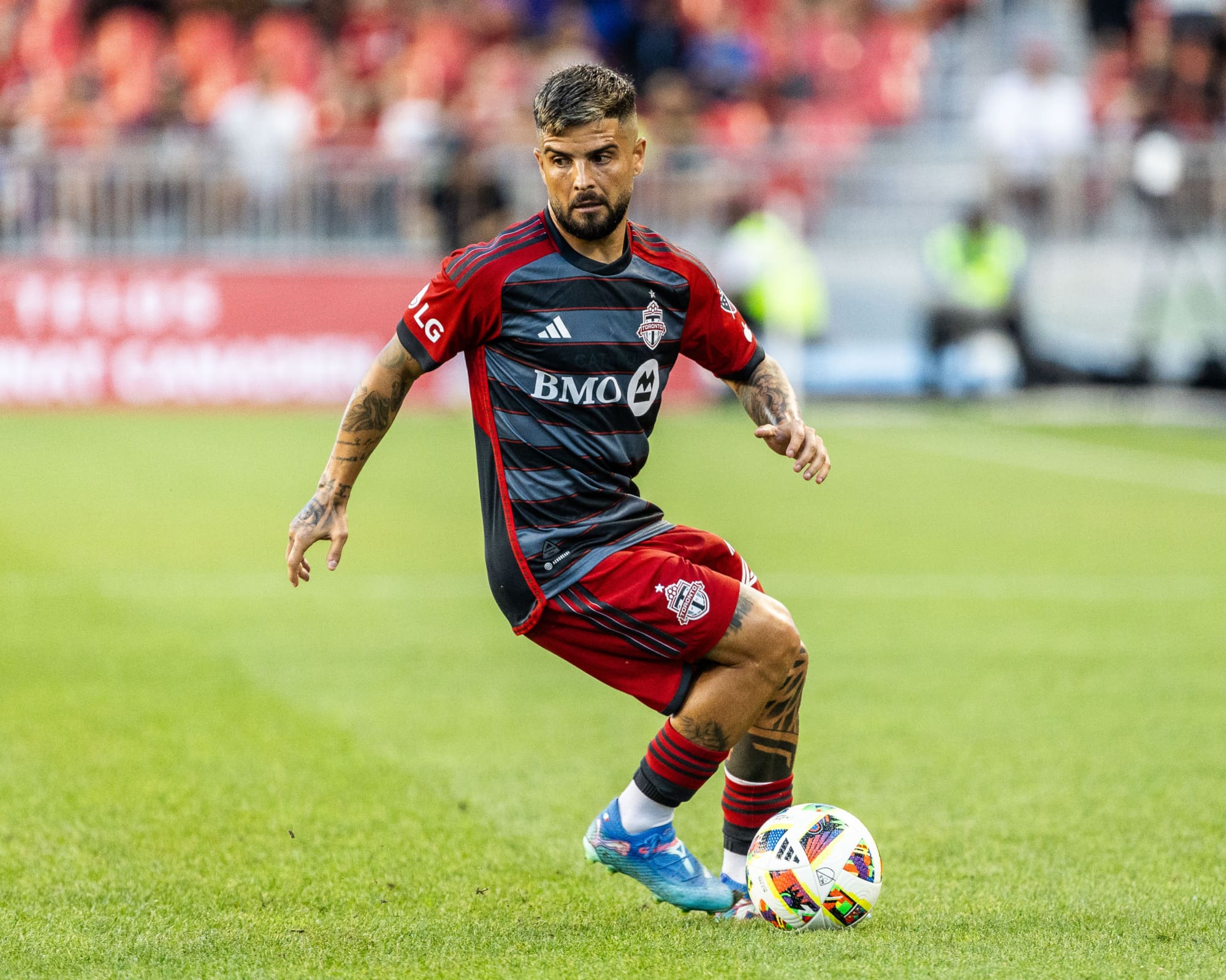 TORONTO, ON – AUG. 27, 2024: Lorenzo Insigne dribbles the ball during Canadian Championship soccer game between Toronto FC and Forge FC. TORONTO, ON – AUG. 27, 2024: Lorenzo Insigne dribbles the ball during Canadian Championship soccer game between Toronto FC and Forge FC.