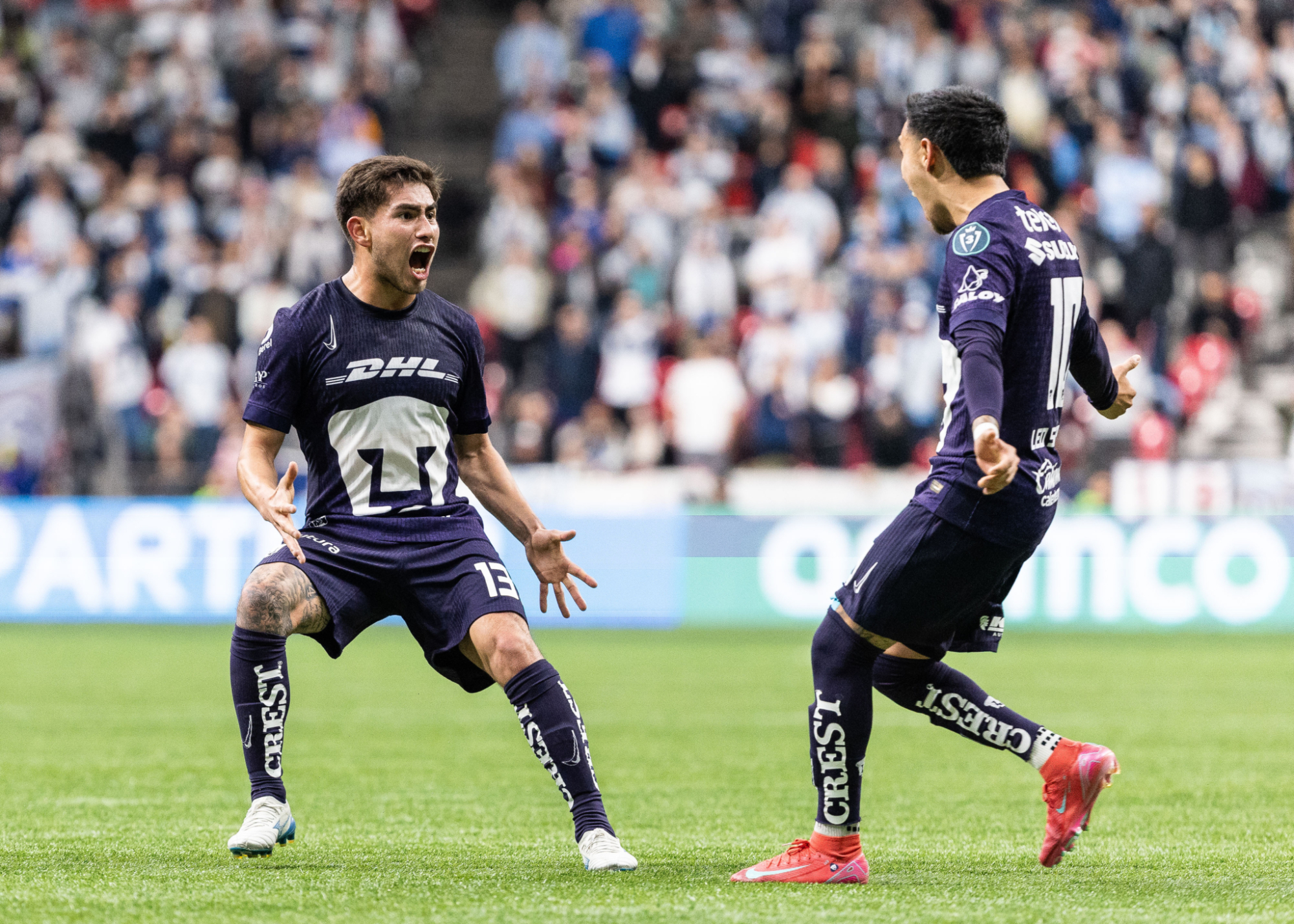 VANCOUVER, BC – APR. 2, 2025: UNAM Pumas players celebrate a goal scored
during CONCACAF Champions Cup action against the Vancouver Whitecaps. VANCOUVER, BC – APR. 2, 2025: UNAM Pumas players celebrate a goal scored during CONCACAF Champions Cup action against the Vancouver Whitecaps.