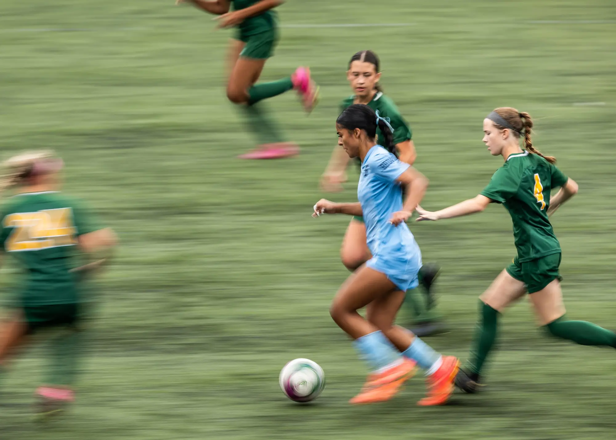 TORONTO, ON – SEP. 28, 2024: Manuela Garcia of the Sheridan Bruins dribbles the ball during an Ontario Colleges Athletic Association soccer game against the St. Clair Saints. TORONTO, ON – SEP. 28, 2024: Manuela Garcia of the Sheridan Bruins dribbles the ball during an Ontario Colleges Athletic Association soccer game against the St. Clair Saints.