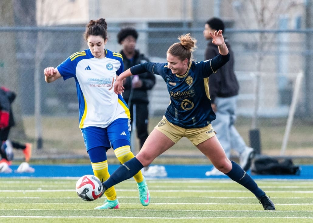 League1 Ontario soccer action between Burlington SC and Oakville SC on April 12, 2025 at Bronte Athletic Park in Oakville