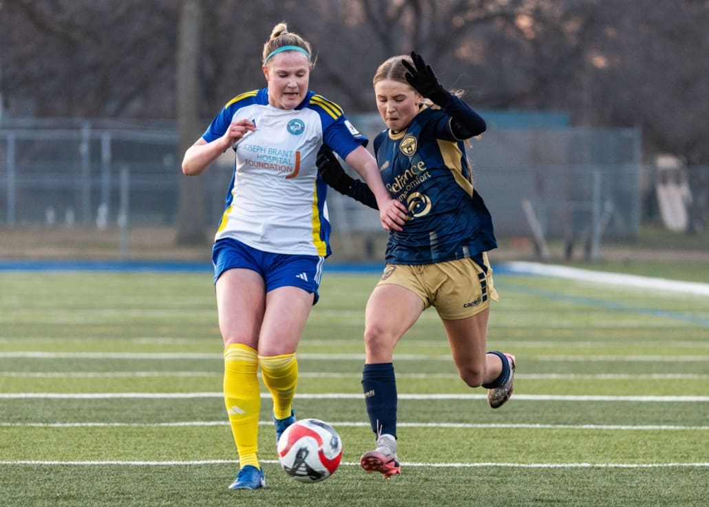 League1 Ontario soccer action between Burlington SC and Oakville SC on April 12, 2025 at Bronte Athletic Park in Oakville