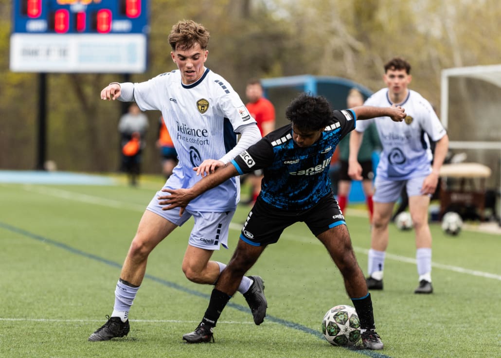 League1 Ontario soccer action between Oakville SC and Rush Academy on May 3, 2025 at Sheridan College in Oakville