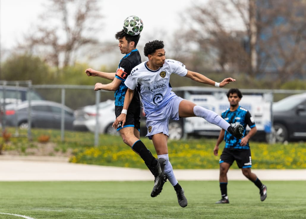 League1 Ontario soccer action between Oakville SC and Rush Academy on May 3, 2025 at Sheridan College in Oakville