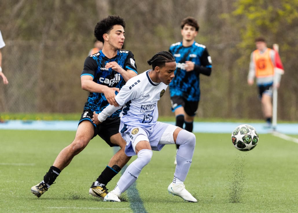 League1 Ontario soccer action between Oakville SC and Rush Academy on May 3, 2025 at Sheridan College in Oakville