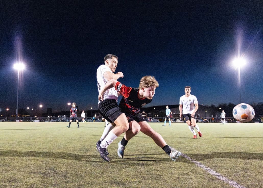 League1 Ontario soccer action between North Mississauga SC and Waterloo United on May 9, 2025 at RIM Park in Waterloo