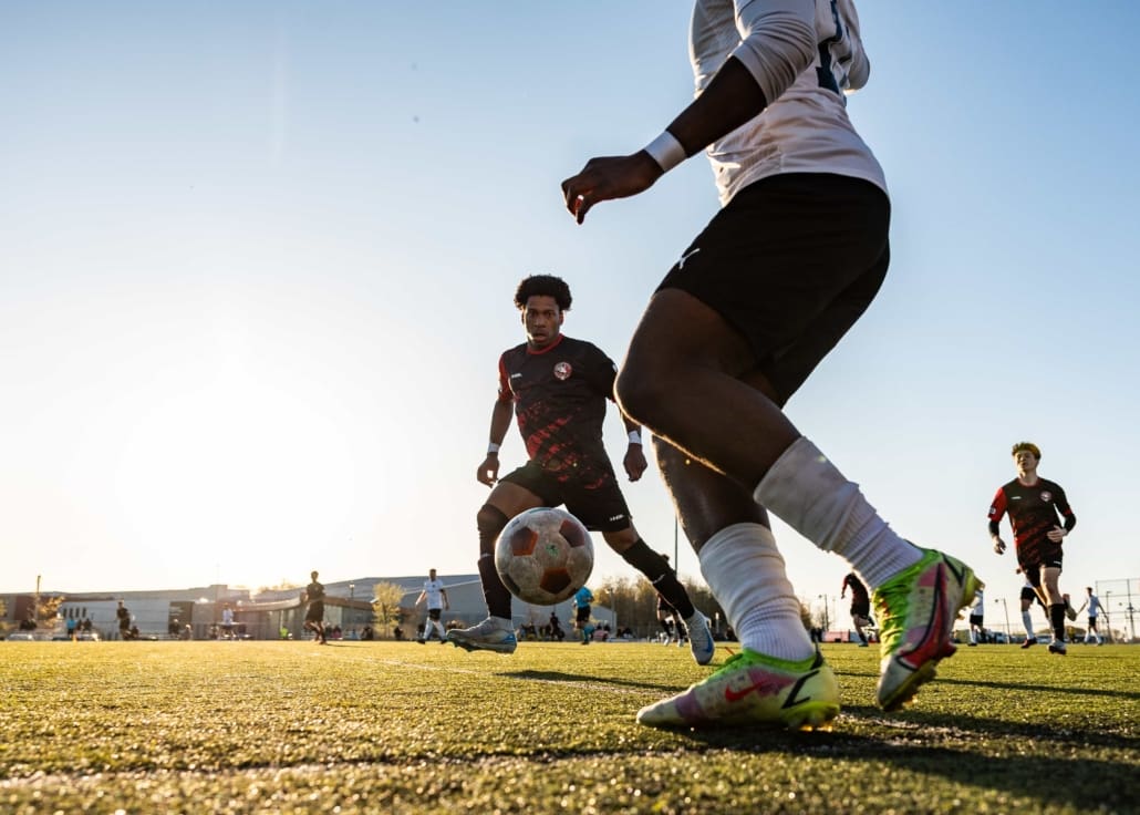 League1 Ontario soccer action between North Mississauga SC and Waterloo United on May 9, 2025 at RIM Park in Waterloo
