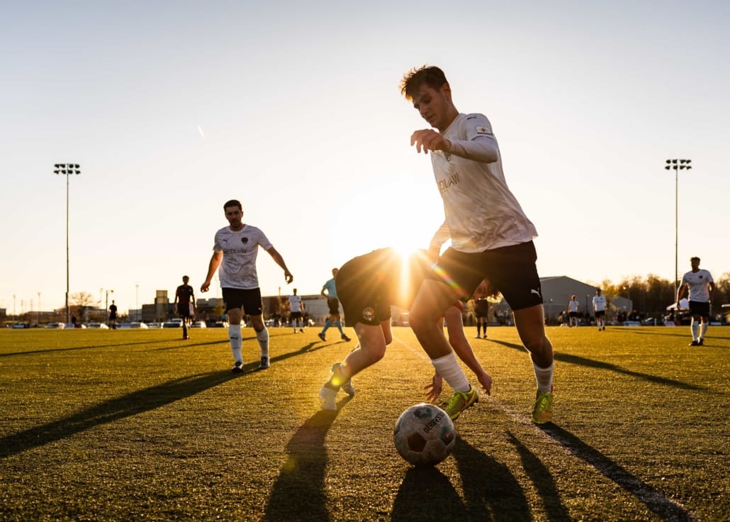 League1 Ontario soccer action between North Mississauga SC and Waterloo United on May 9, 2025 at RIM Park in Waterloo