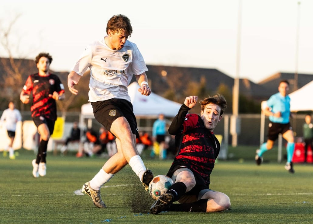 League1 Ontario soccer action between North Mississauga SC and Waterloo United on May 9, 2025 at RIM Park in Waterloo