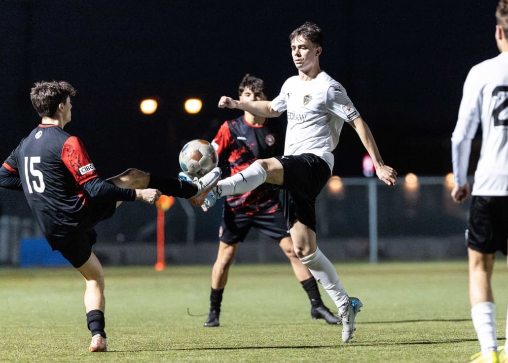 League1 Ontario soccer action between North Mississauga SC and Waterloo United on May 9, 2025 at RIM Park in Waterloo