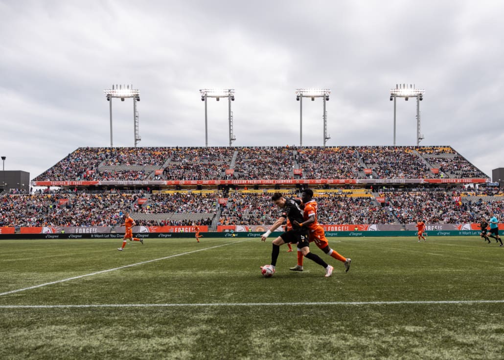 Canadian Premier League soccer action between Atlético Ottawa and Forge FC on May 13, 2025 at Hamilton Stadium in Hamilton