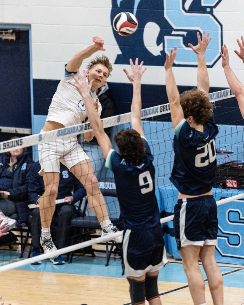 Ontario Colleges Athletic Association volleyball action between the Boreal Vipères and Sheridan Bruins on February 8, 2026 at Sheridan College in Oakville