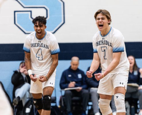 Ontario Colleges Athletic Association volleyball action between the Boreal Vipères and Sheridan Bruins on February 8, 2026 at Sheridan College in Oakville
