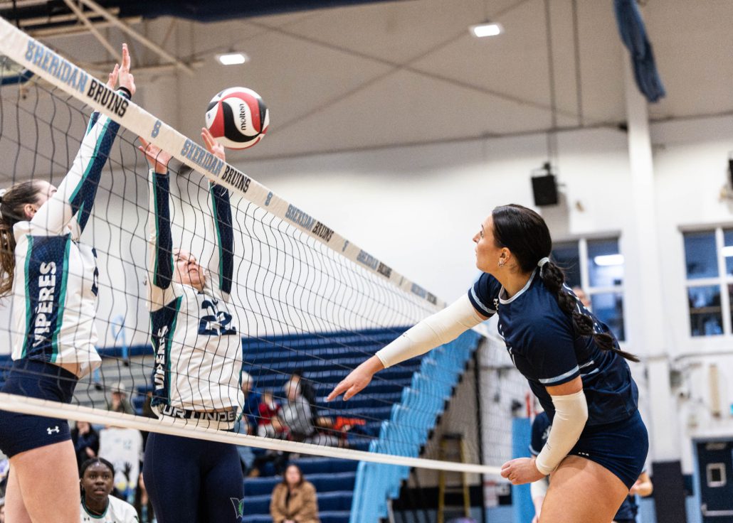 Ontario Colleges Athletic Association volleyball action between the Boreal Vipères and Sheridan Bruins on February 8, 2026 at Sheridan College in Oakville