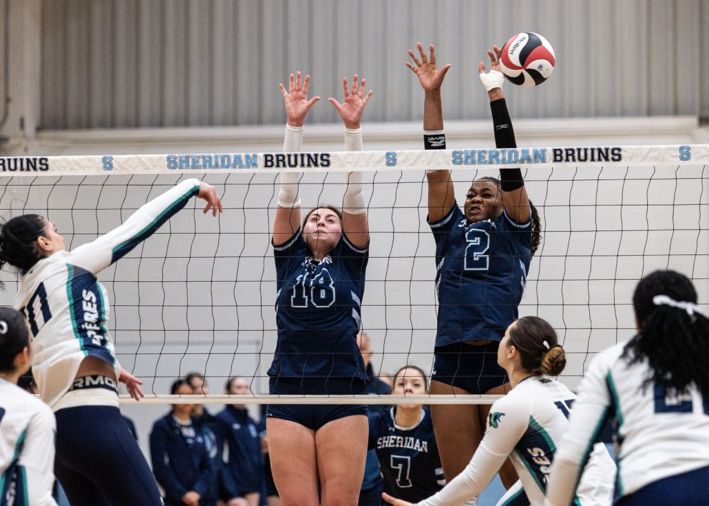 Ontario Colleges Athletic Association volleyball action between the Boreal Vipères and Sheridan Bruins on February 8, 2026 at Sheridan College in Oakville